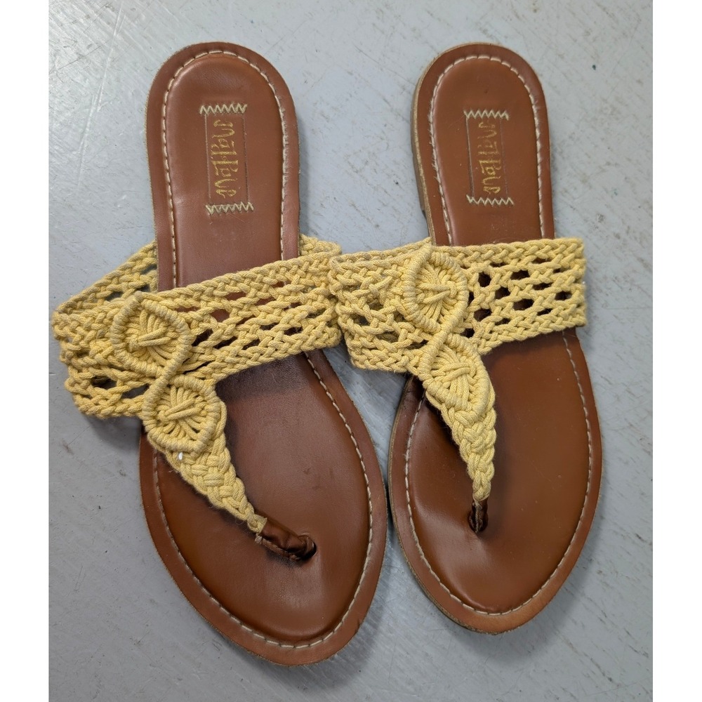 Malibu Thong Sandals Crochet Macrame Women's 8 Yellow Woven Boho Slip On Beach